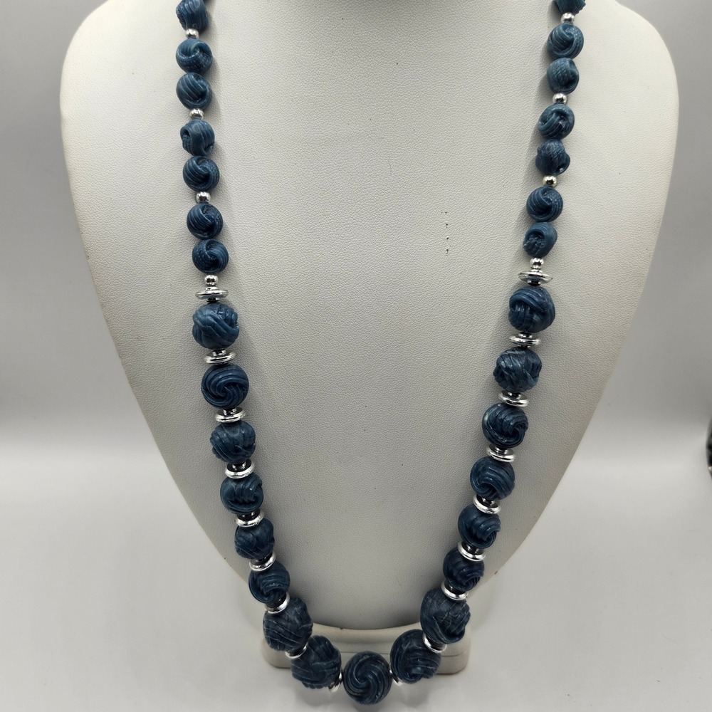 Vintage Blue Swirl Molded Bead Necklace Silver Tone Spacers Chunky Statement